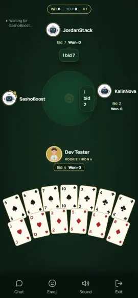 A Spades game on a mobile screen, with the player’s hand and opponents